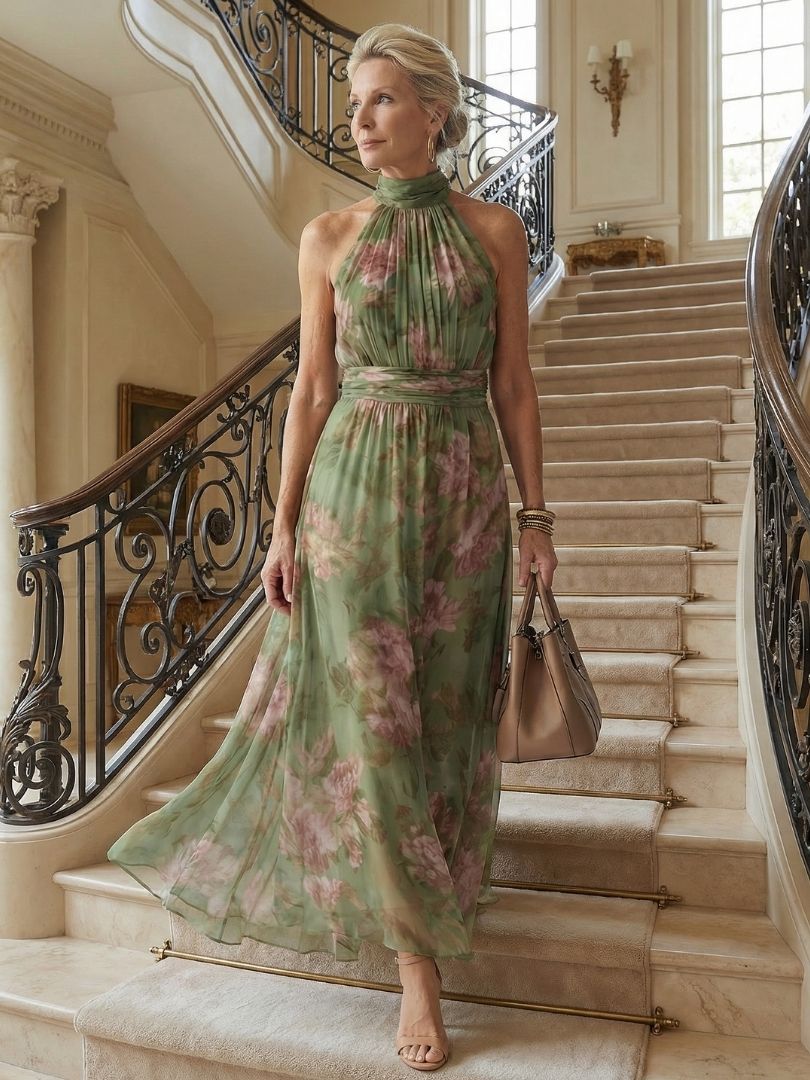 Livia Elegant Floral Maxi Halter Dress