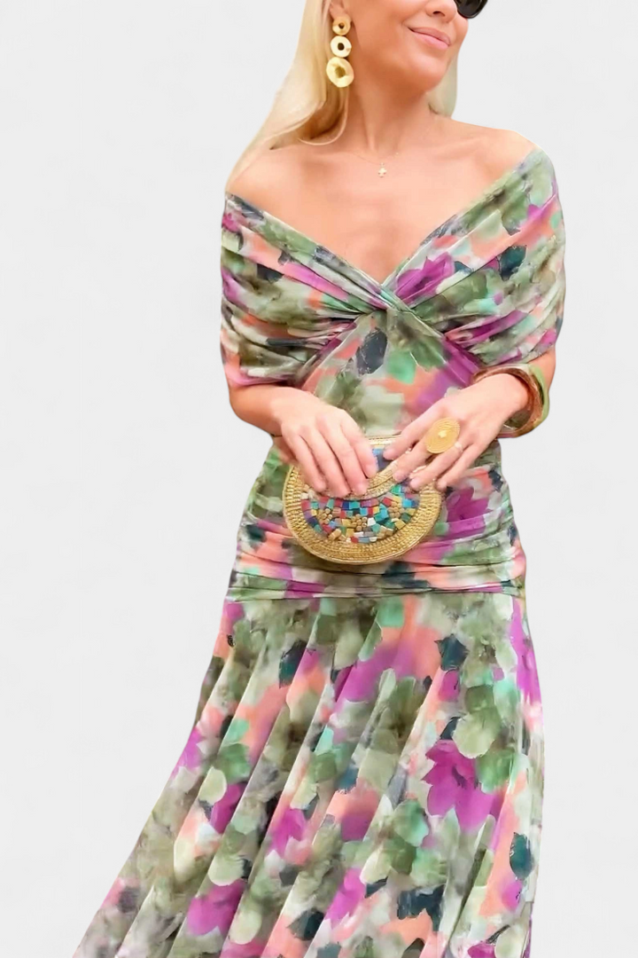 Madeleine Long floral dress with V-neck
